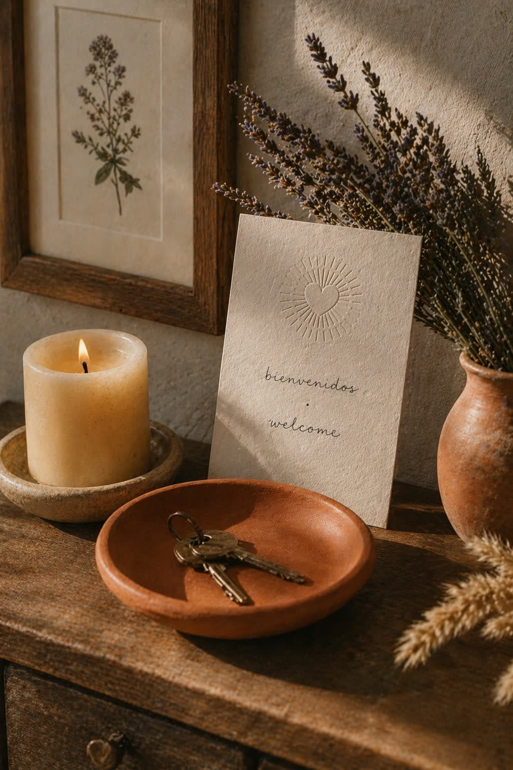 A still-life composition evoking a welcomed home — keys in a terracotta dish, a lit Luz candle, a handwritten welcome card, a dried lavender sprig, and a small framed botanical print — the Casa collection in context.
