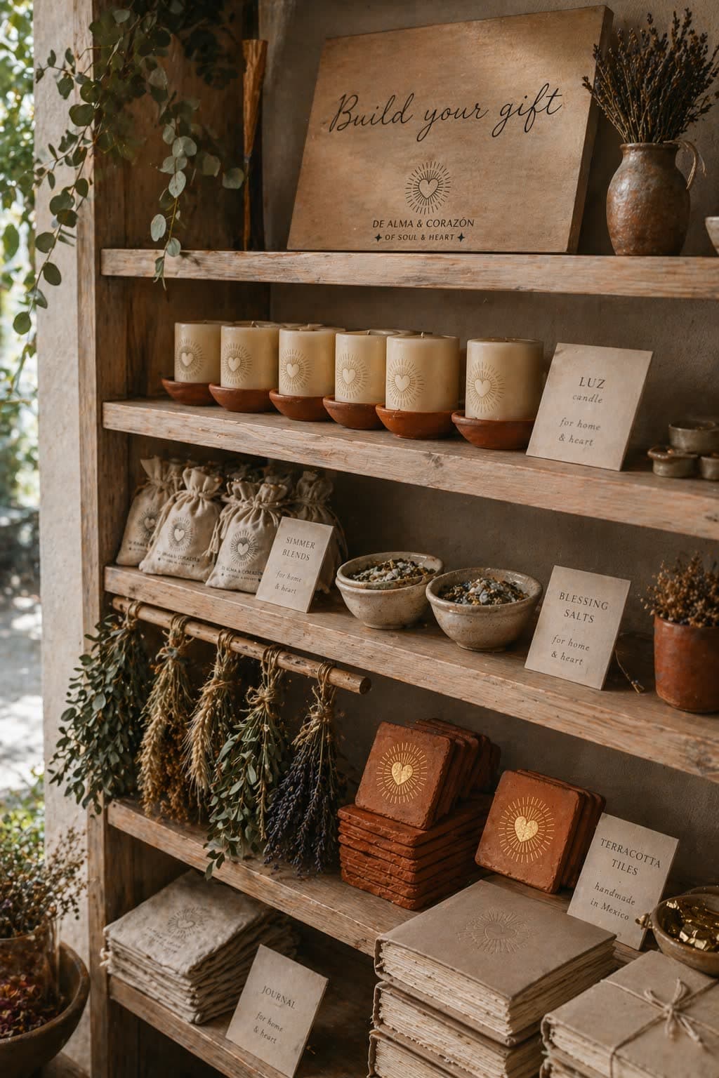 A beautifully styled retail gifting-bar display on warm pale wood shelves — Luz candles, simmer blend pouches, blessing salts, wheat-and-eucalyptus bundles, terracotta tiles, and hand-embossed journals.