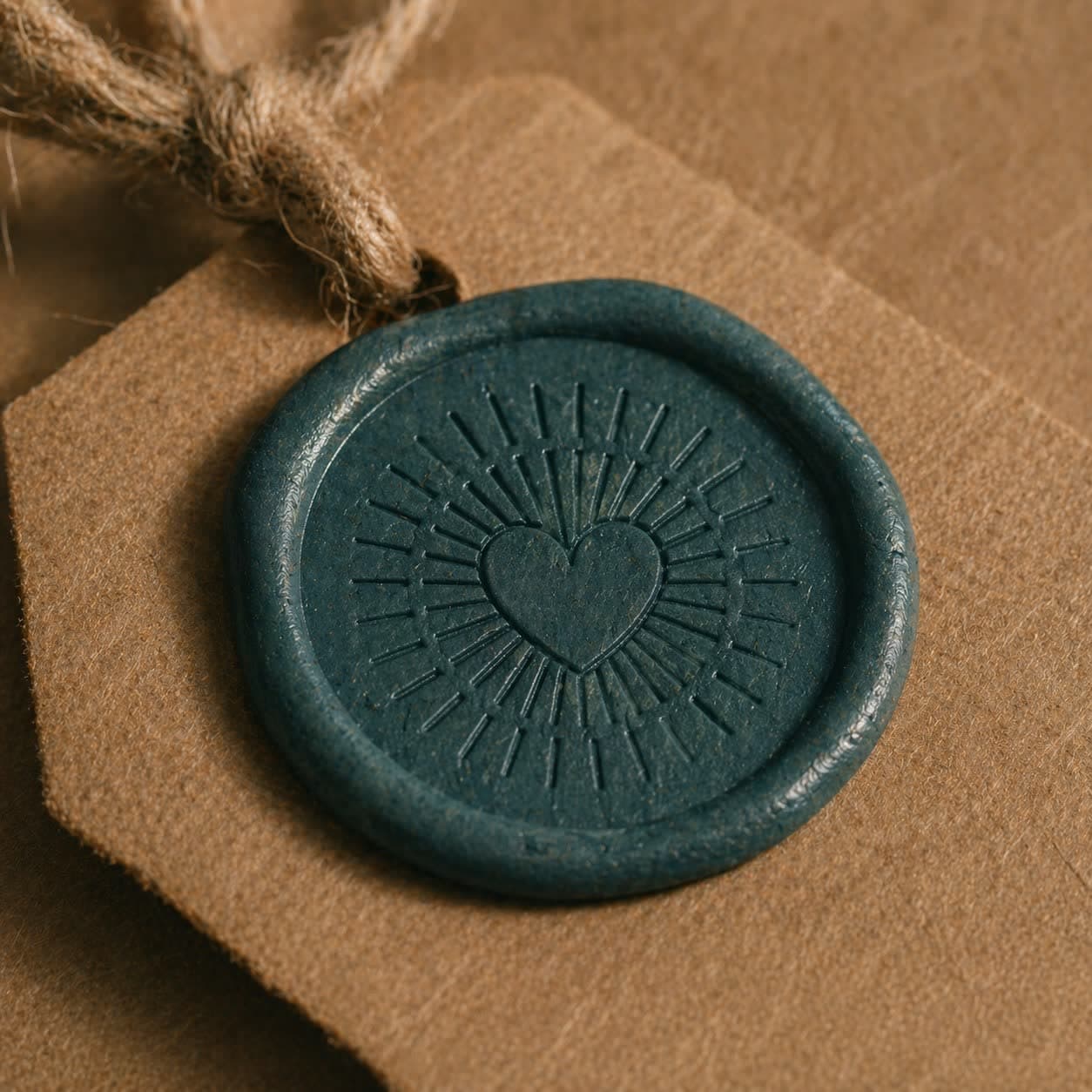 A deep-teal wax seal freshly pressed onto natural kraft paper, bearing the sun-heart brand mark — a close-up detail showing the soft texture of the wax and the radiating rays of the impression.