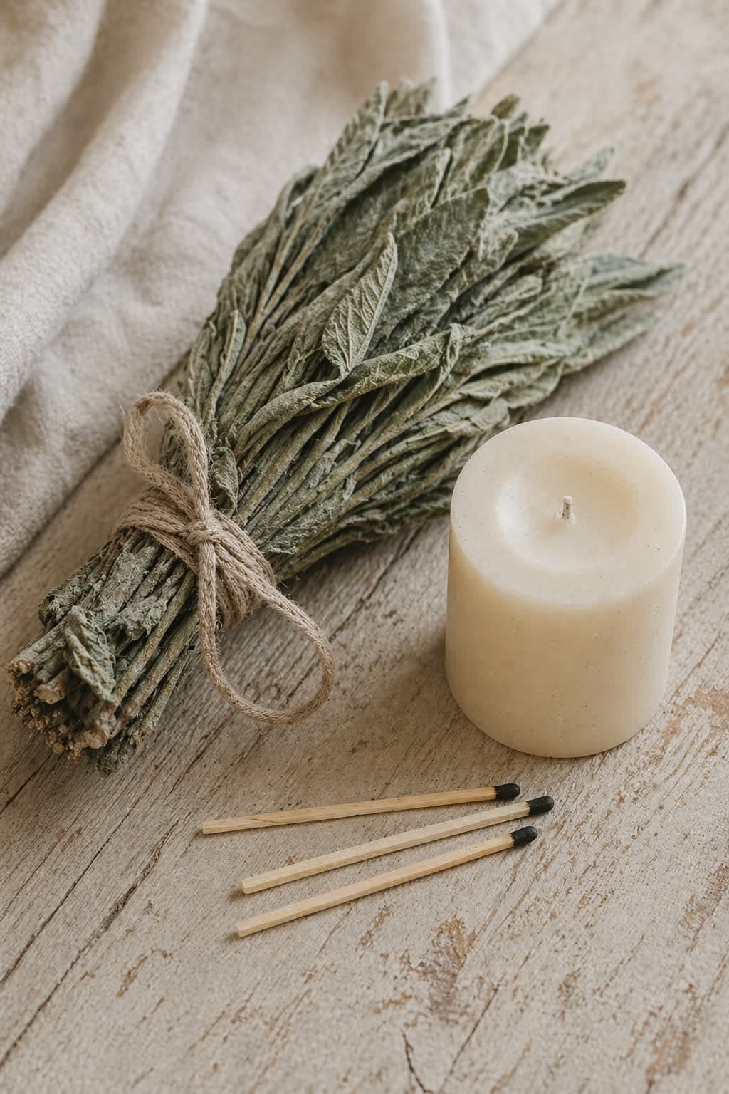 A hand-tied sage bundle beside a Luz candle and wooden matches on warm linen — a simple ritual for clearing and grounding.