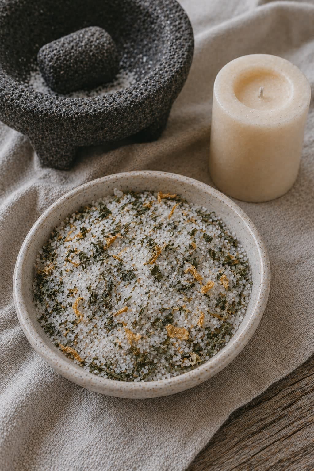 A pale ceramic dish of coarse Aire blessing salts flecked with mint and rosemary beside an unlit Luz candle — clearing and renewal.