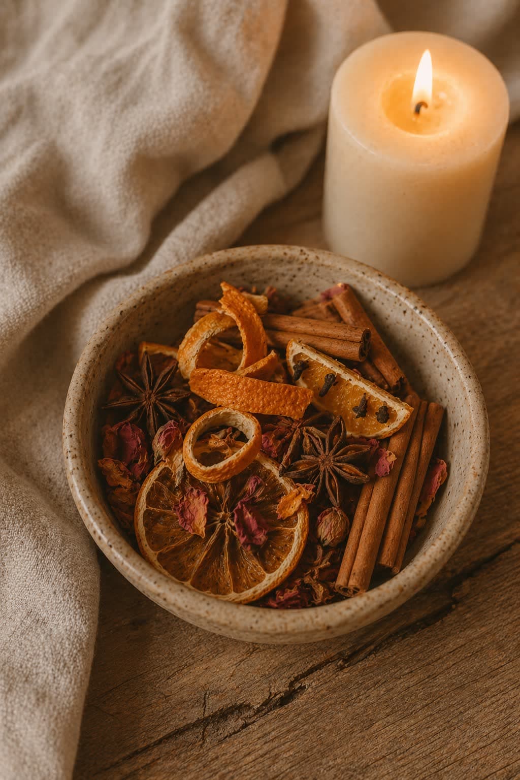 Dried orange peel, cinnamon sticks, star anise, and rose petals in a ceramic bowl beside a lit Luz candle — the Calor simmer blend, warmth in raw form.