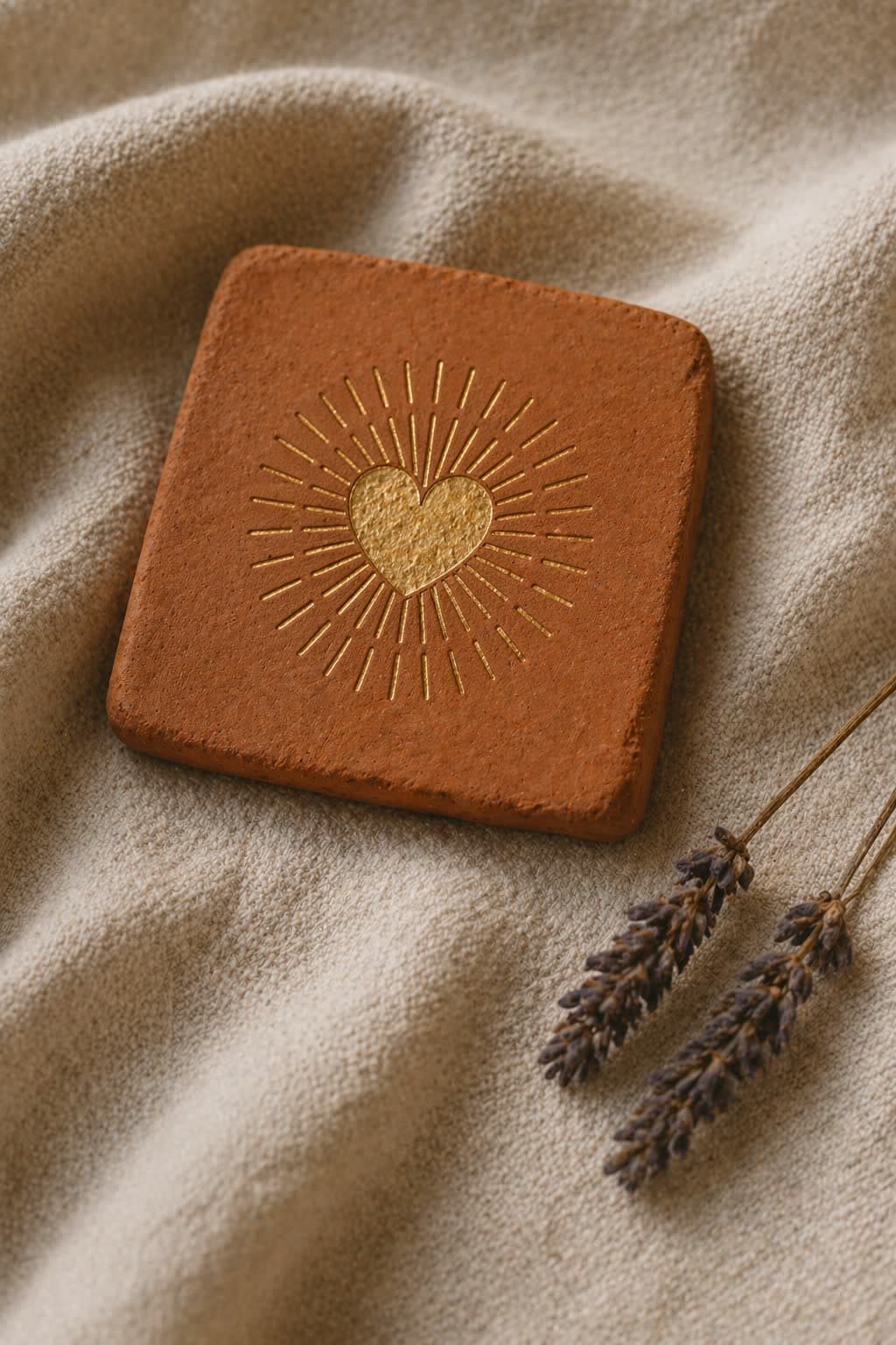 A small hand-finished terracotta tile with the gold-embossed sun-heart symbol on pale linen beside a sprig of dried lavender — a quiet marker of home and heart.